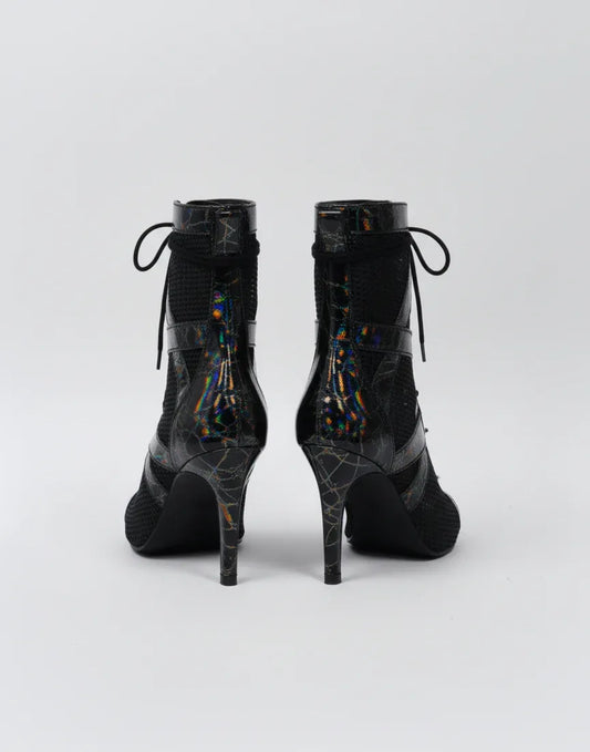 Holographic Black Open toe lace-up booties with mesh - MARBLE  | Natya Shoes Natya Shoes