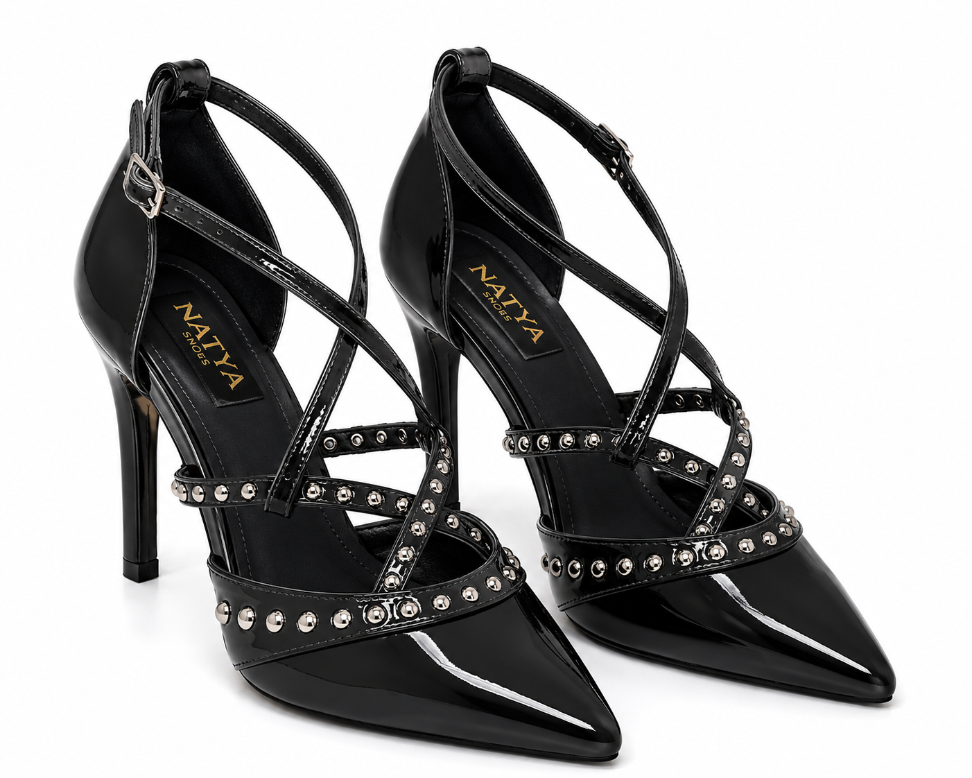 Black Patent Multi-Strap Studded Stiletto Pumps-  REBEL | Natya Shoes Natya Shoes