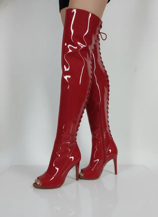 Glossy Red Open-toe stretchable lace up over-the-knee boots - VAMP | Natya Shoes Natya Shoes
