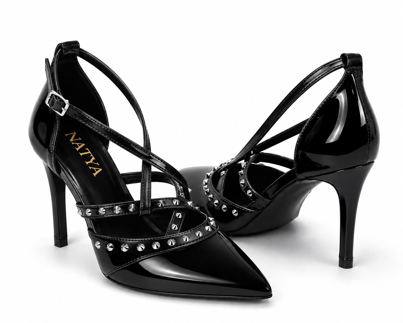 Black Patent Multi-Strap Studded Stiletto Pumps-  REBEL | Natya Shoes Natya Shoes